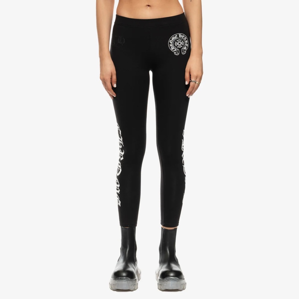 NWOT Chrome Hearts Black Leggings Pants Gothic Font White Print Authentic sz L